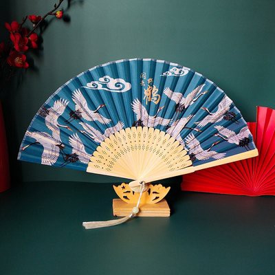 Quạt cổ trang dây tuyến HẠC Xanh Lục Xanh Dương xếp múa cầm tay quà tặng xinh xắn phong cách Trung Quốc vải lụa