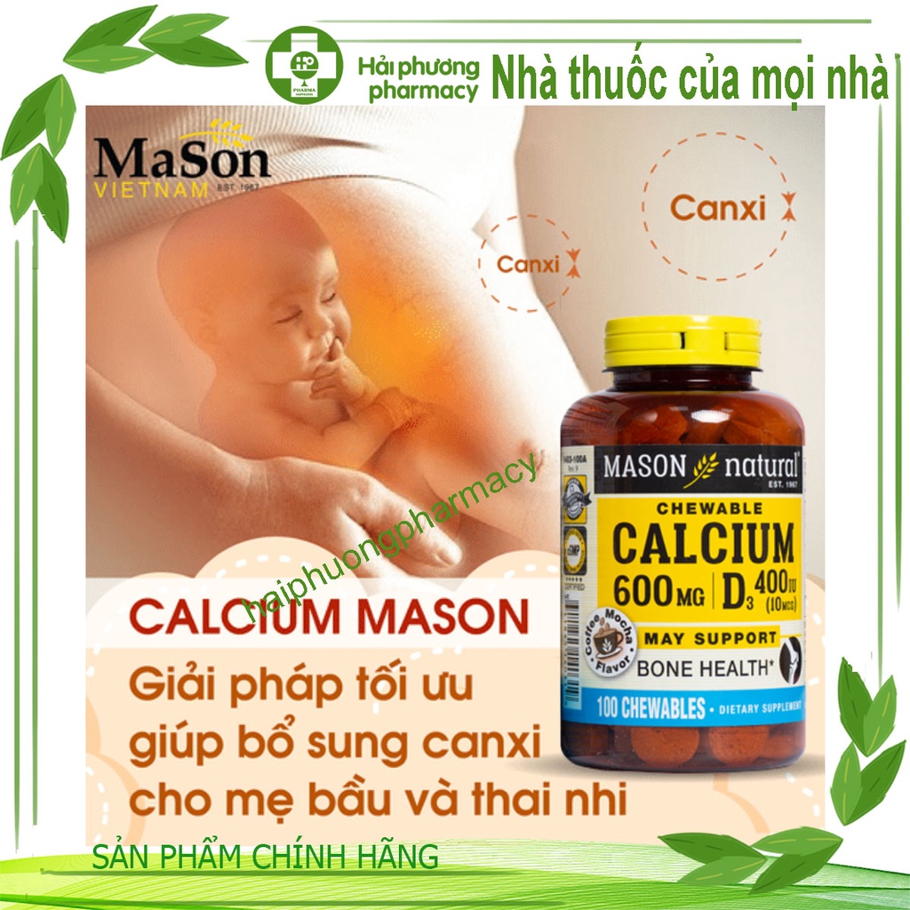 Calcium 600mg + D3 Mason Natural - Bổ sung canxi, Hỗ trợ sức khoẻ xương khớp (Hộp 100 viên)