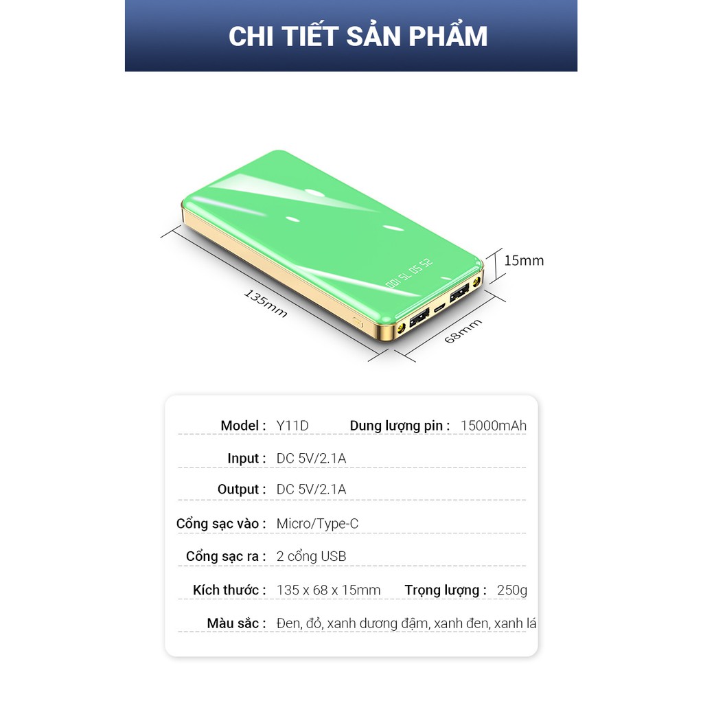 [Tặng dây sạc] Pin sạc dự phòng,Sạc dự phòng 15000mAh Cát Thái Y11D mặt kính sạc nhanh 2.1A nhỏ gọn 2 cổng ra 2 cổng và