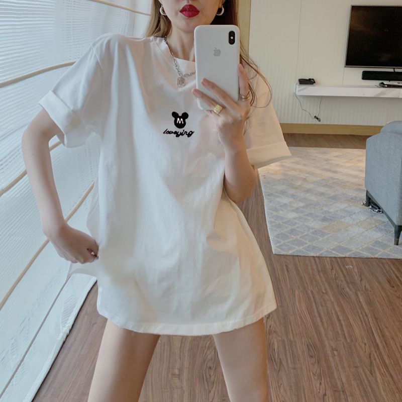 Áo Thun Cotton Tay Ngắn Dáng Rộng In Họa Tiết Trái Tim Xinh Xắn Dành Cho Nữ