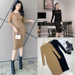 Váy len tăm nữ dáng dài tema - váy body len tăm dài tay cổ tròn