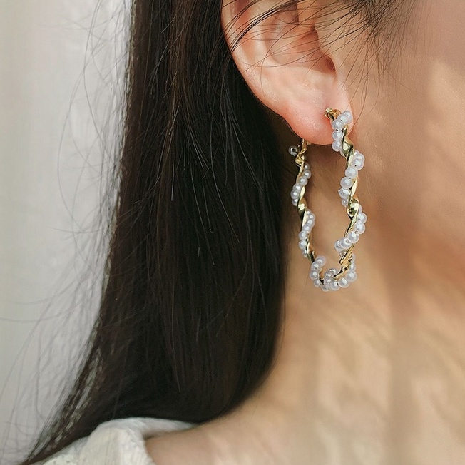 Khuyên Tai Nữ Hình Tròn Đính Ngọc Trai Phong Cách boho Mới