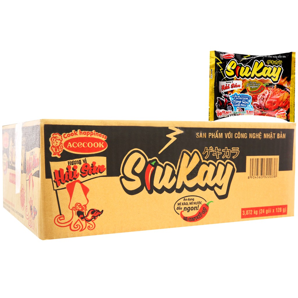 Thùng 24 gói mì SiuKay vị Hải sản/ Vị bò (24 gói x 128g)