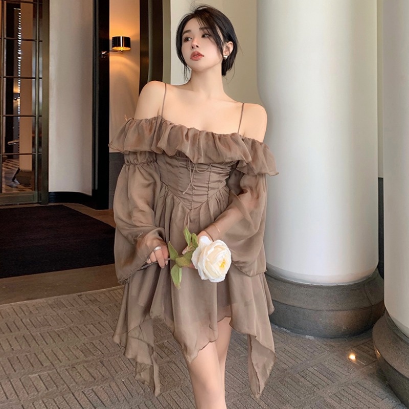 Đầm tay dài ống loe lưng cao thời trang xuân hè 2022 dành cho nữ