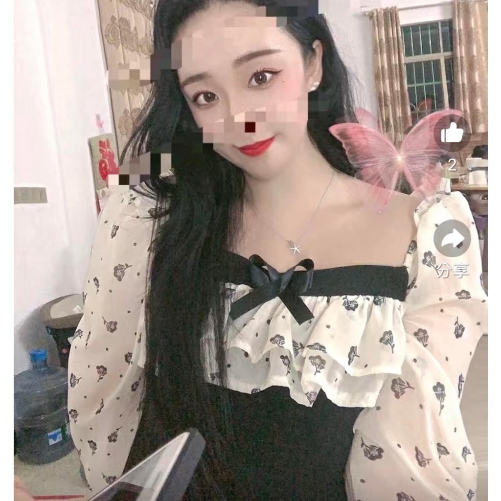 Đầm tay dài cổ vuông họa tiết phong cách vintage