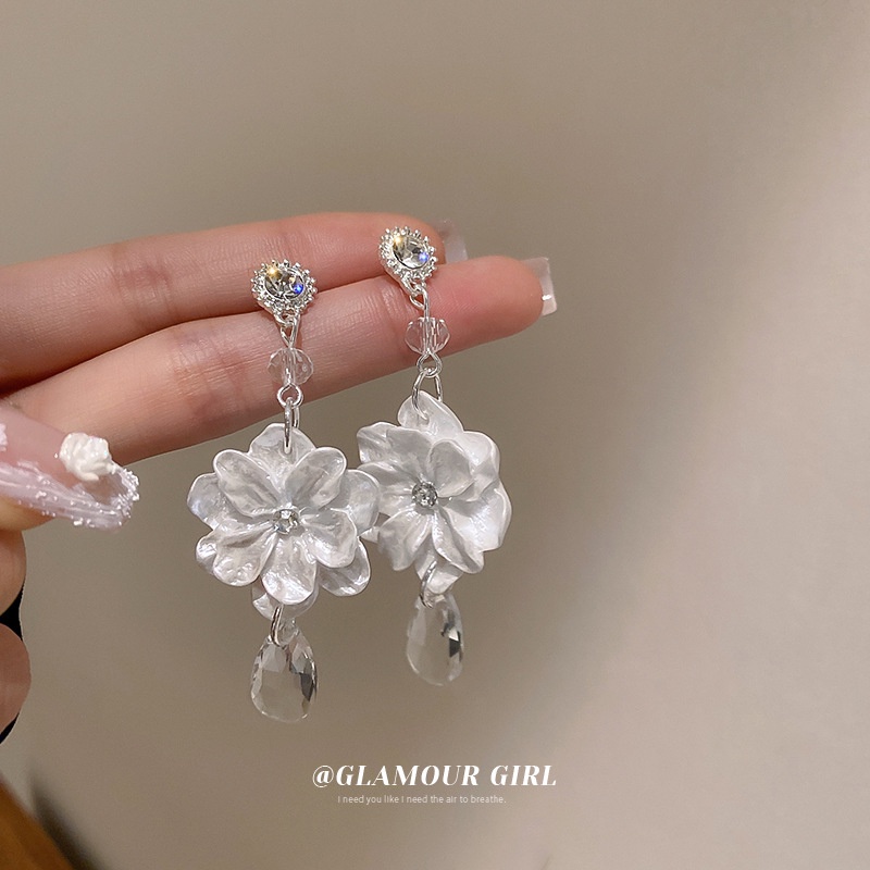 Bông Tai Mạ Bạc Dáng Dài Hình Hoa Trà Đính Kim Cương Giả Phong Cách Hàn Quốc