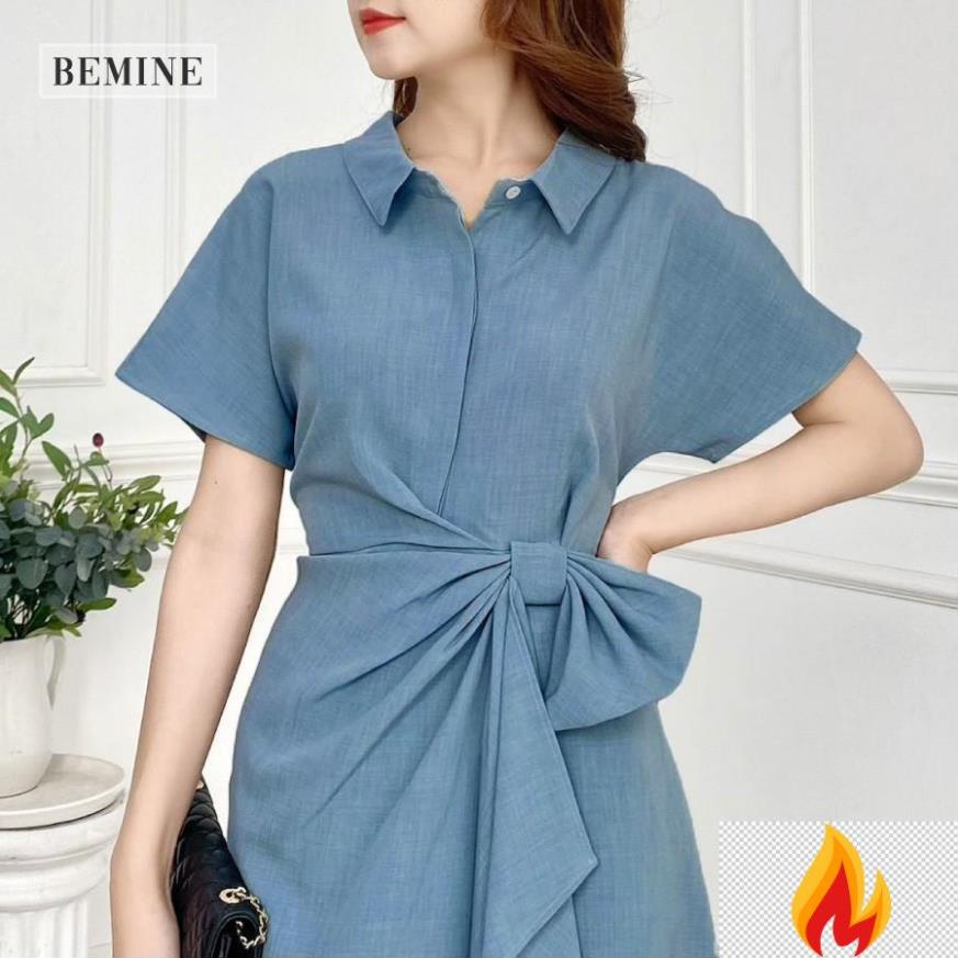 Đầm dáng xòe nữ thiết kế cổ sơ mi nhún eo đính nơ kiểu dáng thanh lịch BEMINE MT2069XANH -JB8