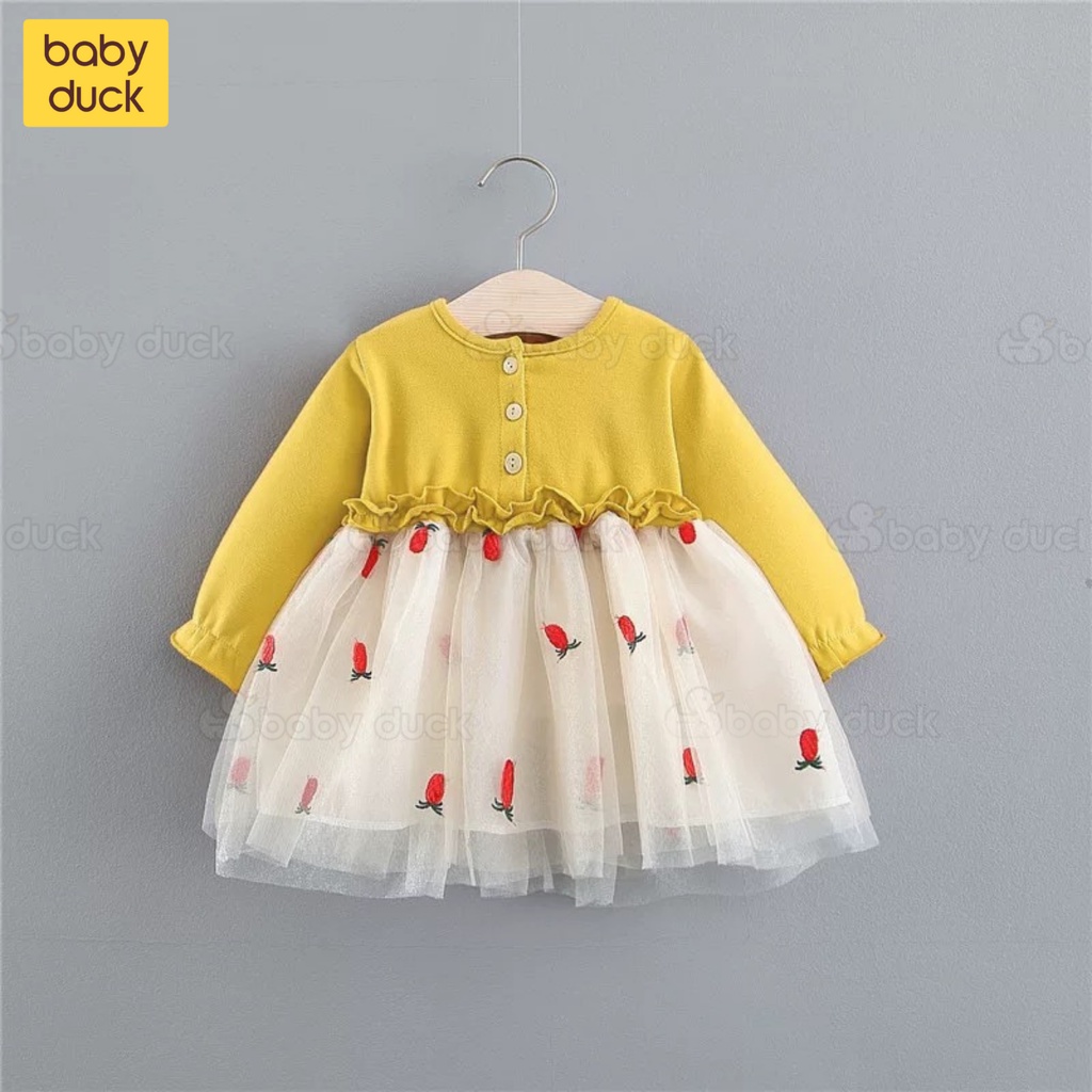 Váy ren xòe dài tay họa tiết dứa đỏ siêu đẹp cho bé gái 0-3 tuổi mặc mùa thu đông