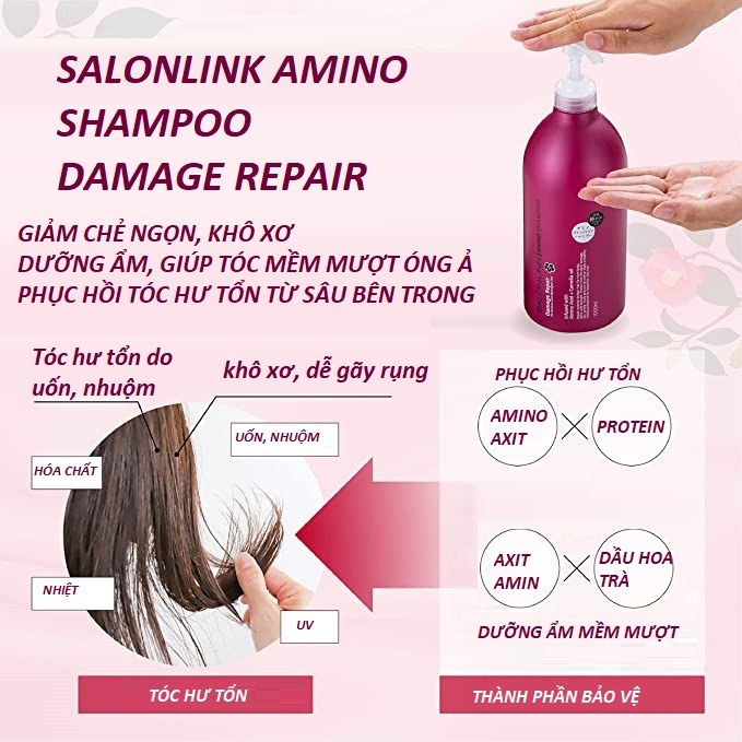 Dầu gội dưỡng tóc Kumano Salon Link Amino Shampoo Damage & Repair hương hoa trà 1000ml (màu đỏ)