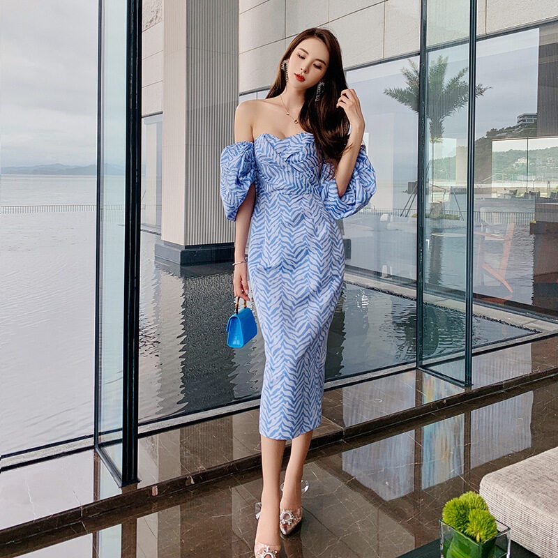 ZYHT Đầm Midi Trễ Vai Tay Phồng Phong Cách Hàn Quốc Thời Trang Mùa Hè Quyến Rũ 5173