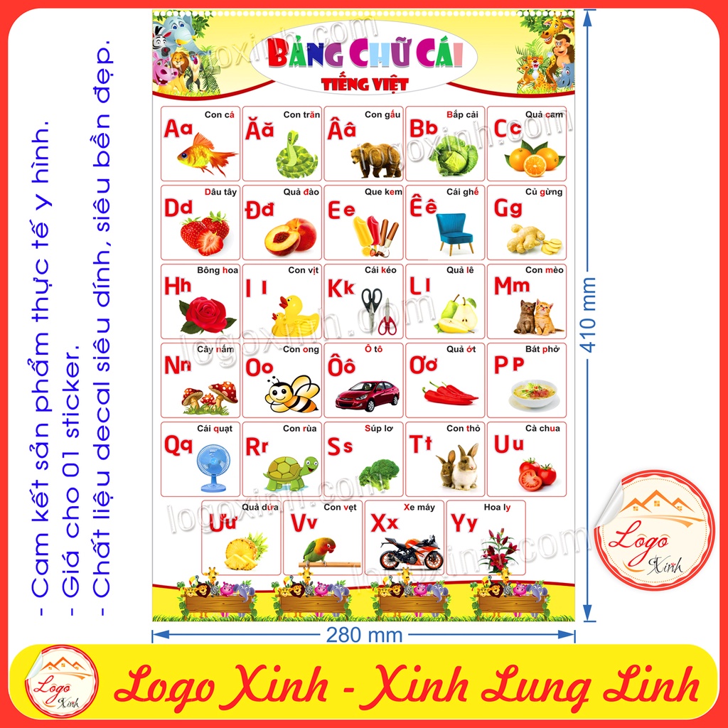 Bảng Chữ Cái In Hoa, In Thường Bằng Tếng Việt Kèm Hình Minh Họa Dạng Decal Dán Cho Bé Lớp Tiểu Học, Mầm Non, Bé Tập Đọc