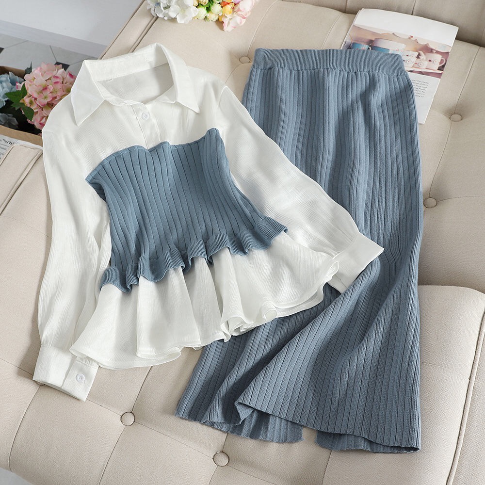 Set Áo Sơ Mi Tay Dài Dáng Rộng + Chân Váy Dệt Kim Thời Trang Thanh Lịch Cho Nữ