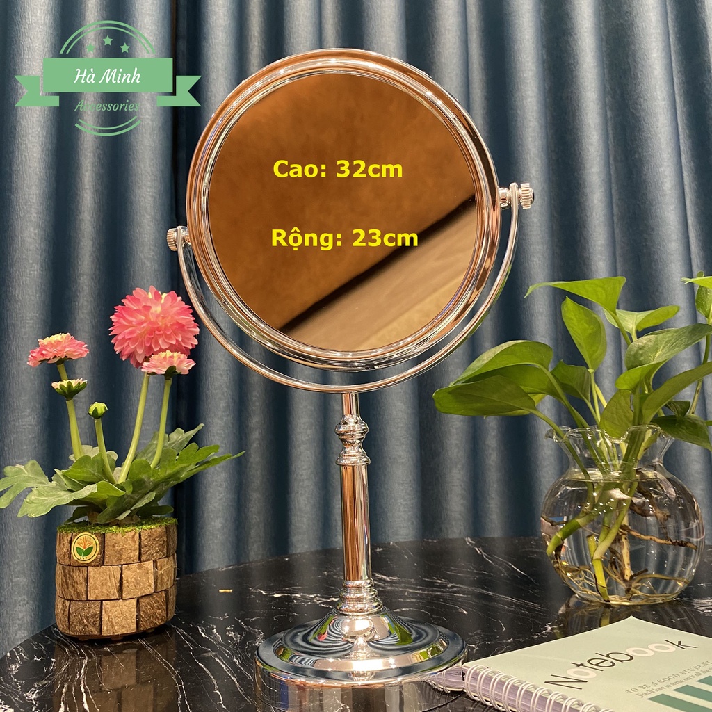 Gương trang điểm để bàn Roman, Crom, phóng đại zoom x3, 2 mặt xoay siêu nét HAMI 8 inch