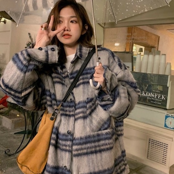 ZHELIHANGFEI Áo Khoác Len Tay Dài Cổ POLO Form Rộng Họa Tiết Kẻ Sọc Hợp Thời Trang