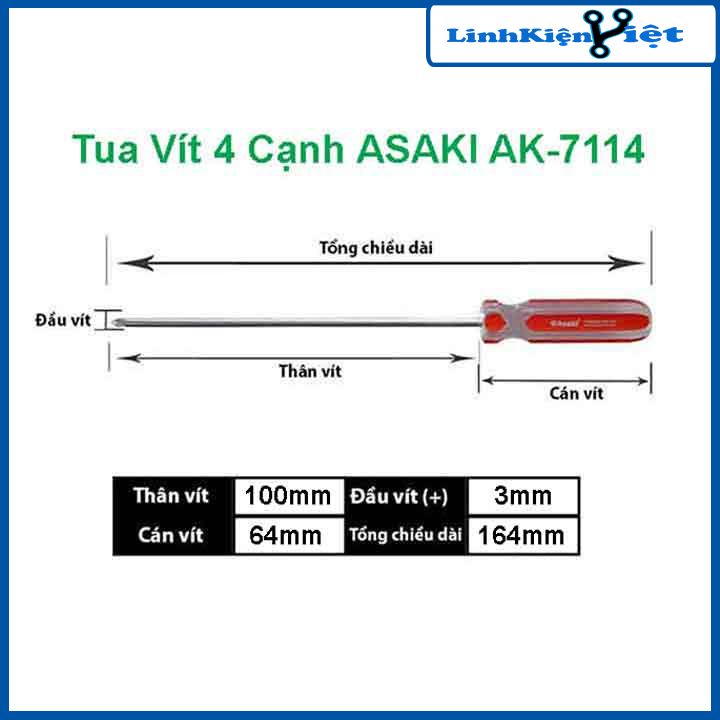 Tô vít 4 cạnh, tua vít Asaki AK-7124, AK-7114 kích thước 5x100mm, 3x100mm