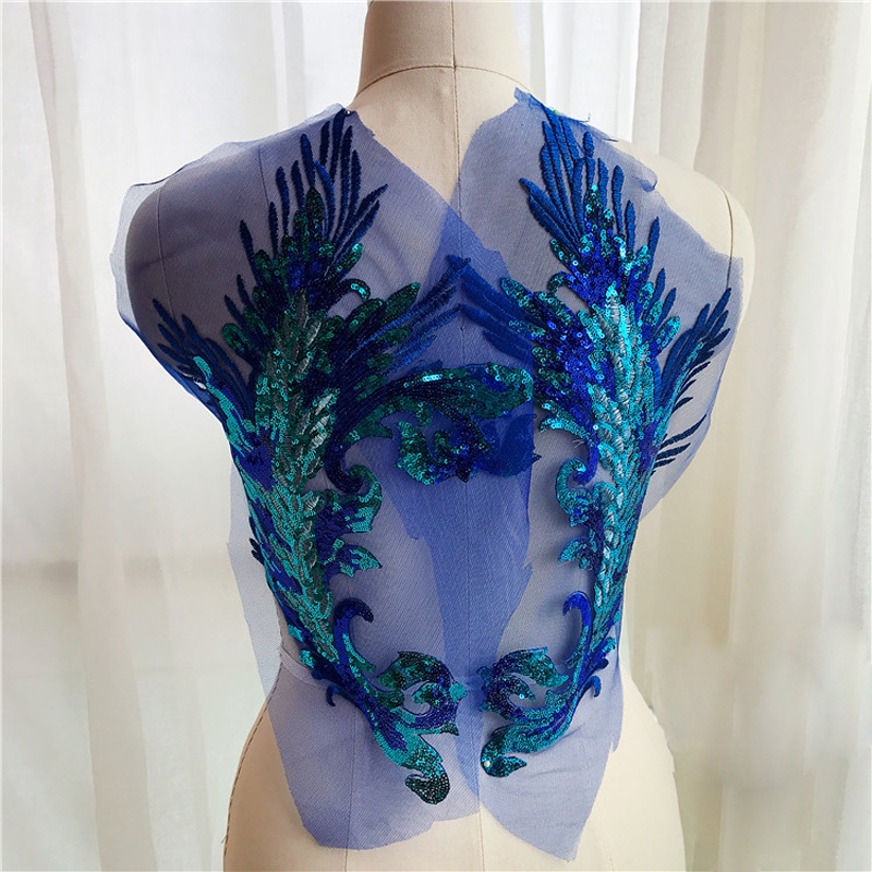 1 Cặp Miếng Dán Ủi Trang Trí Đám Cưới Bằng Vải Ren Lưới Thêu Hình Chim Công Đính Kim Sa Lấp Lánh