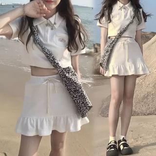 Set Áo Croptop Cổ Polo Tay Ngắn + Chân Váy Lưng Cao Phong Cách Hàn Quốc Thời Trang Mùa Hè Cho Nữ
