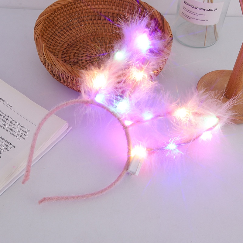 Băng Đô Tai Thỏ Đính Lông Vũ Dạ Quang