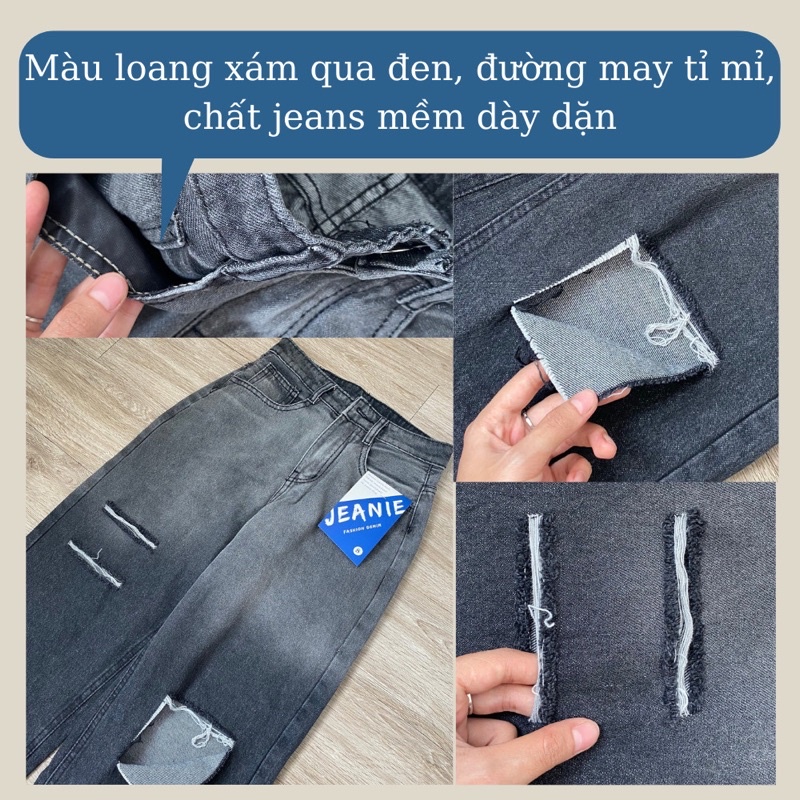 Quần jeans nữ ống suông dài JEANIE 328 quần jean rách gối, quần jean loang màu cá tính
