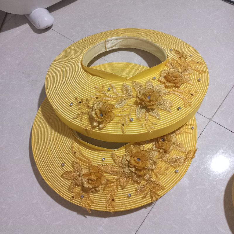 Khăn xếp cô dâu, hầu đồng màu vàng cúc hoa 3d