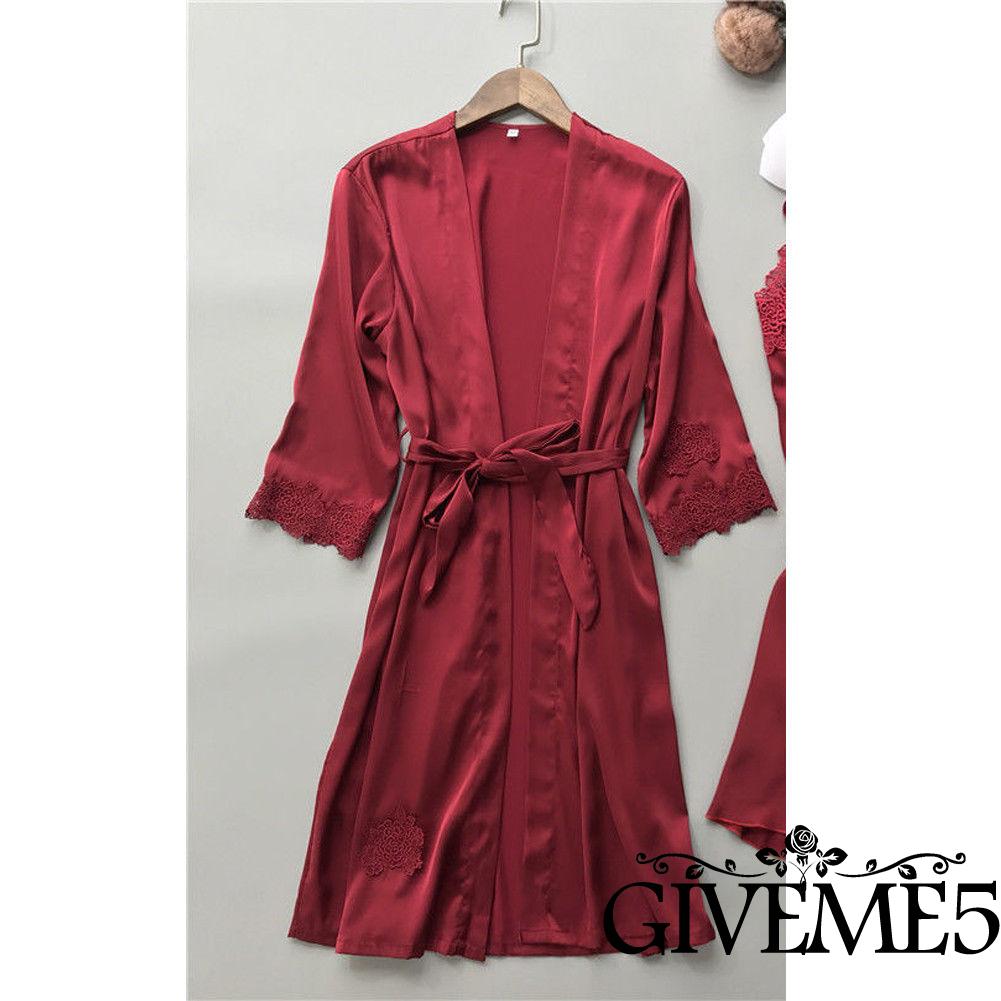Đầm Ngủ Kimono Chất Liệu Phi Bóng Phối Ren Gợi Cảm Cho Nữ