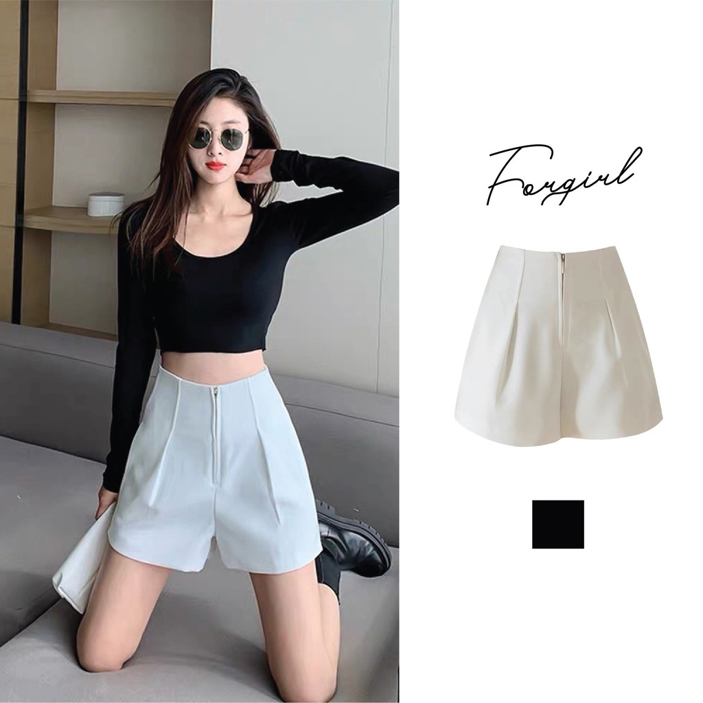 Quần short vải khoá trước forgirl cạp cao xếp ly phồng cao cấp