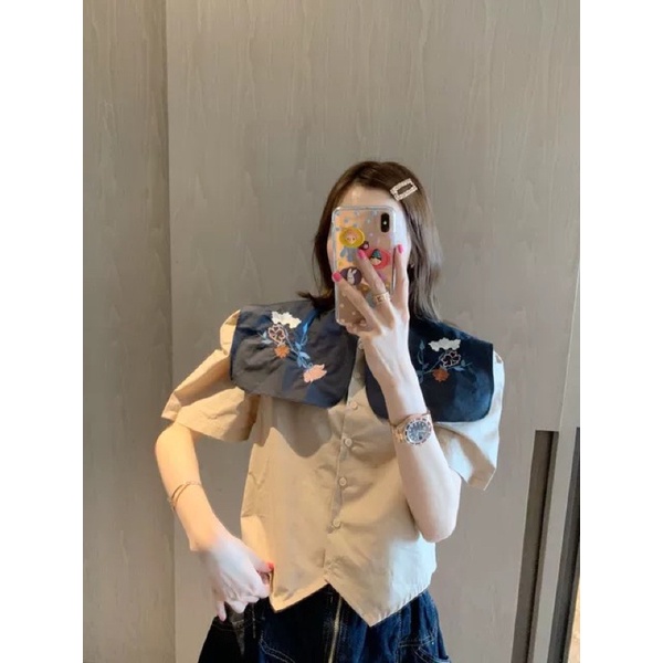 BÁN SỈ - SÁO SƠ MI CỔ THÊU DÁNG RỘNG CROPTOP NỮ RẺ ĐẸP