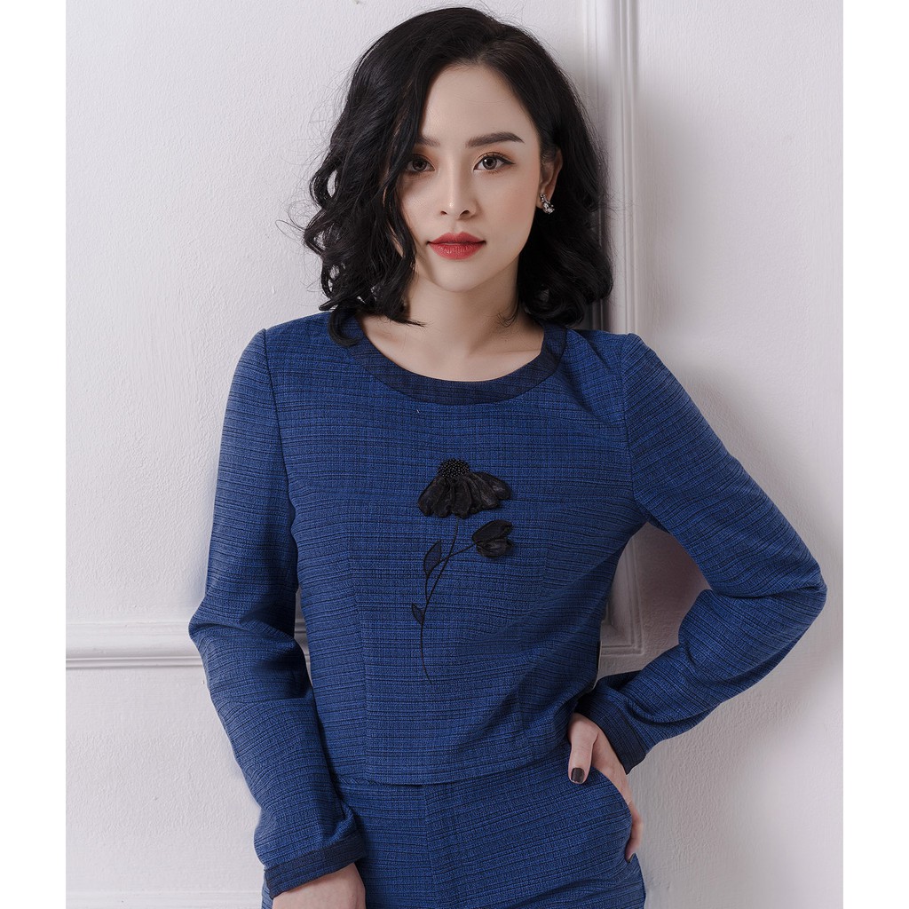 [Mã LT50 giảm 50k đơn 250k] Áo sơ mi cổ tròn, đáp bọc ren, họa tiết hoa Emspo AG0001 (Xanh, Ghi)