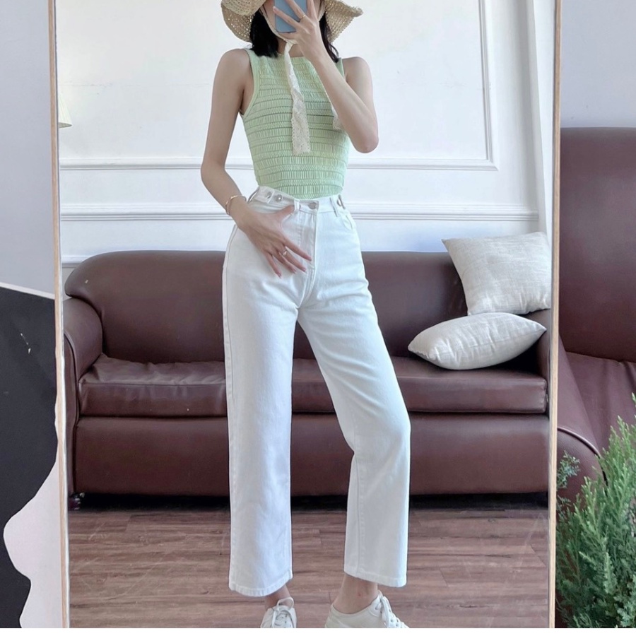 Quần jean nữ baggy lưng cao ống xuông, quần bò đai 5 nút chỉnh eo màu trắng Basic