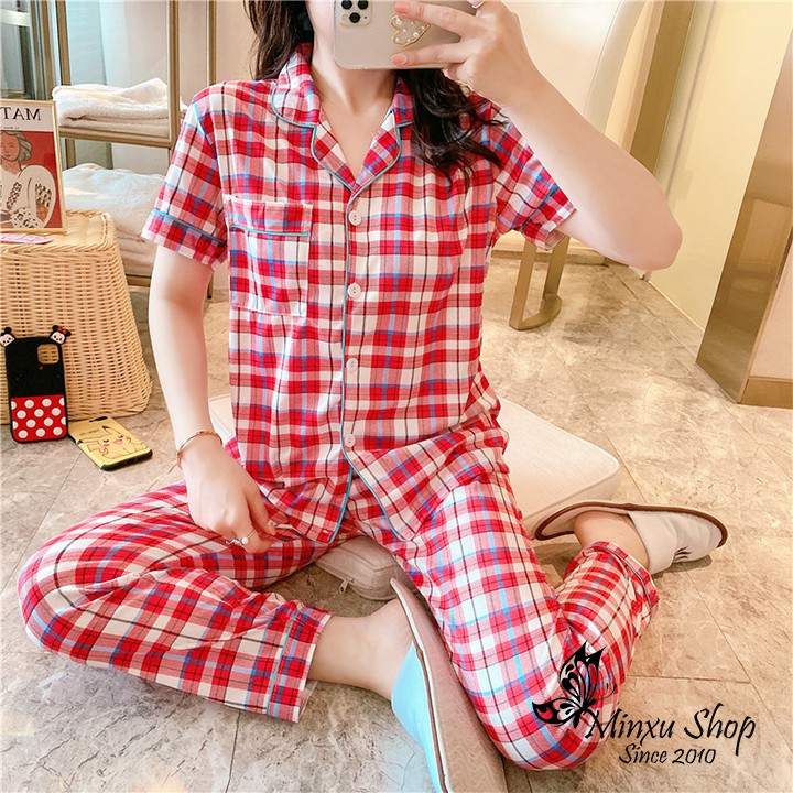 Bộ Pijama Cộc Tay, Quần Dài Mùa Hè, Mùa Thu - Phong Cách Hàn Quốc - Sợi Tơ Sữa Cao Cấp Mềm, Mịn - Siêu Dễ Thương