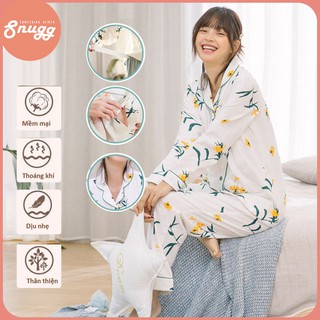 Bộ bầu và sau sinh gạc Nhật dệt đôi dáng pijama trắng hoa vàng Snugg