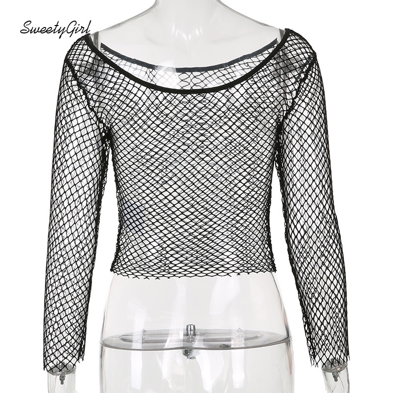 Áo Croptop Tay Dài Cổ Thuyền Dáng Ôm Màu Trơn Trong Suốt Thời Trang Cho Nữ