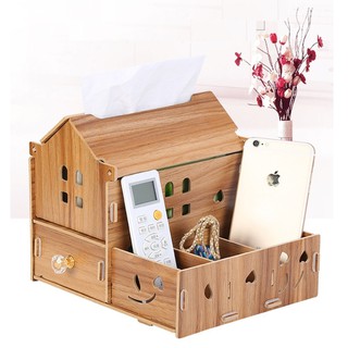 Hộp đựng khăn giấy đa năng tiện dụng bằng ván gỗ ghép, kiêm hộp để điện thoại, điều khiển,..