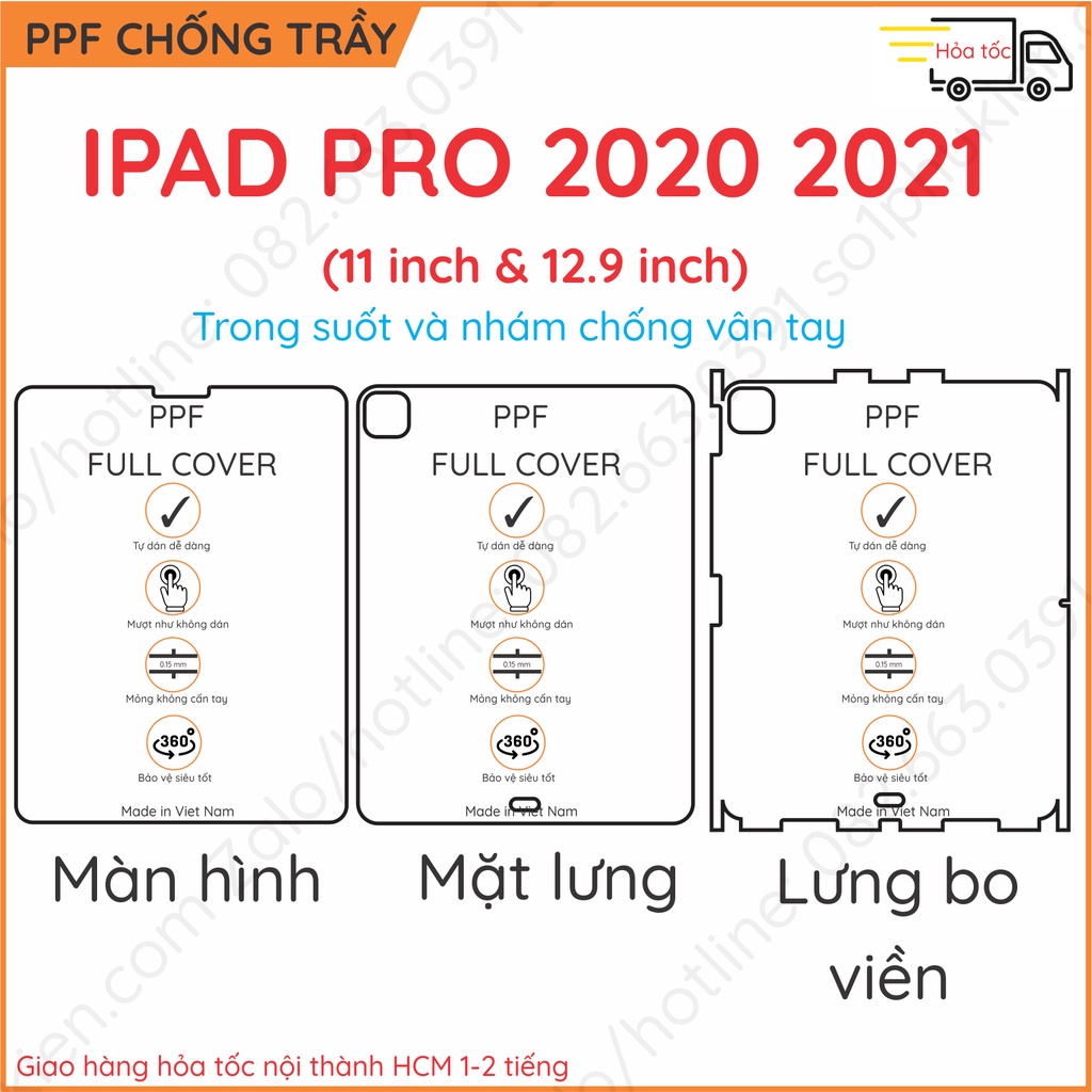 Dán PPF iPad pro 2020 / iPad pro 2021 (11 inch và 12.9 inch) loại trong, nhám dành cho màn hình, mặt lưng, full viền