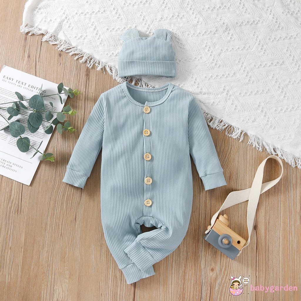 Áo liền quần dài tay cổ tròn màu trơn kèm mũ thời trang xuân thu cho bé trai 0-24 tháng
