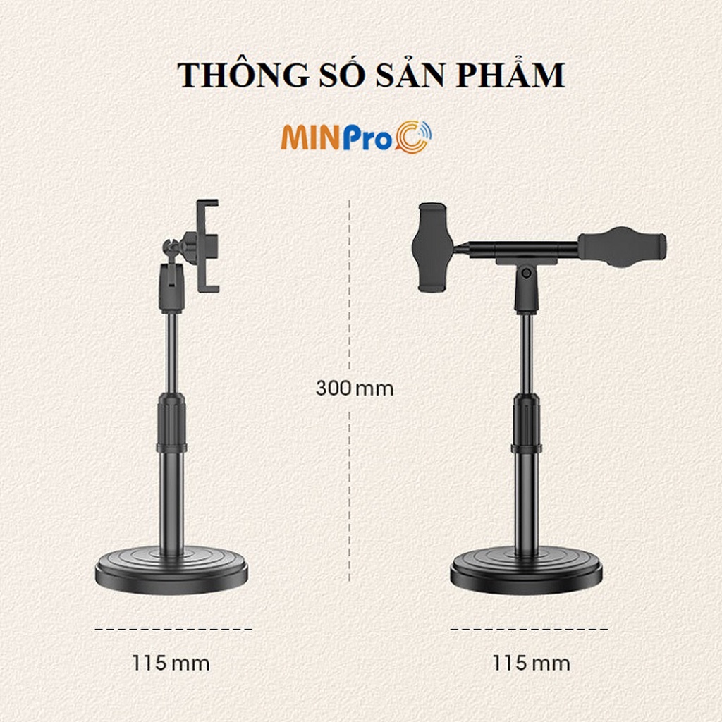 Giá đỡ điện thoại Microphone Stands 2 kẹp chống lưng 360, đế chân tròn để bàn livestream đa năng, tiện lợi MINPRO