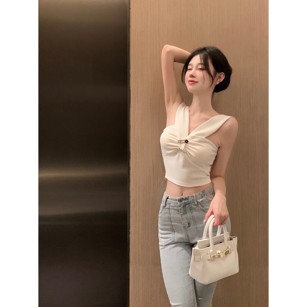 Áo dệt kim ZHELIHANGFEI không tay lưng cao thiết kế dây đan chéo phong cách thời trang quyến rũ