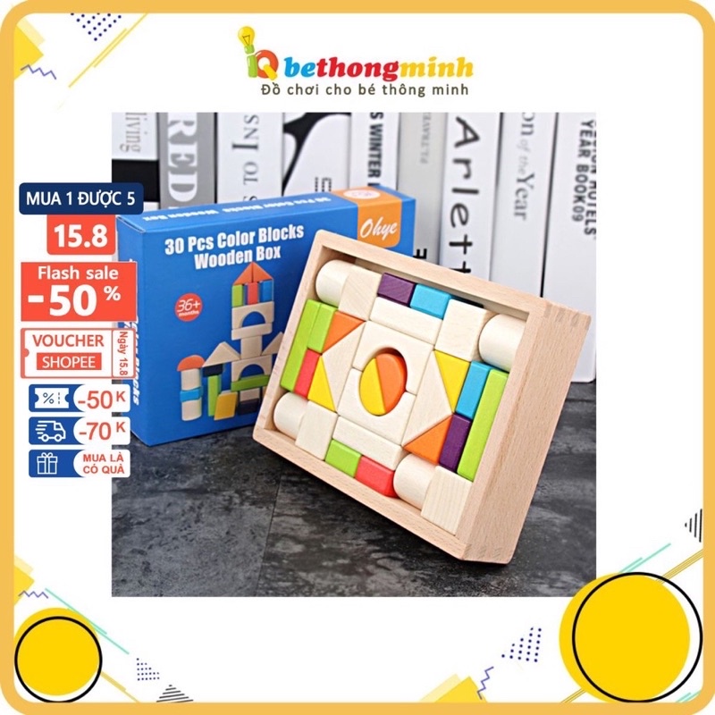 Bộ Xếp Hình Xây Dựng Bằng Gỗ 30 Chi Tiết Có Hộp Đựng ( Montessori )