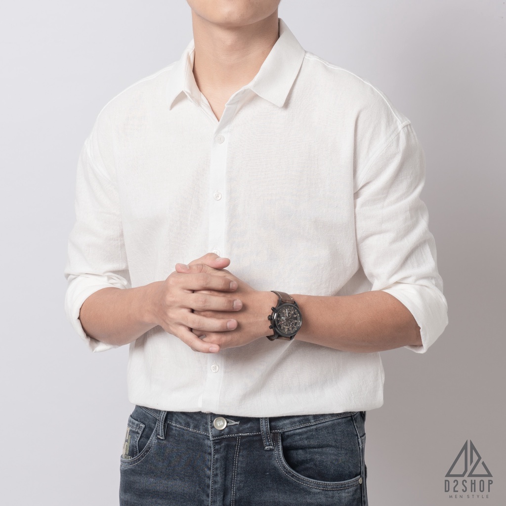 Áo sơ mi D2shop, áo sơ mi nam dài tay vải linen trơn, màu trắng