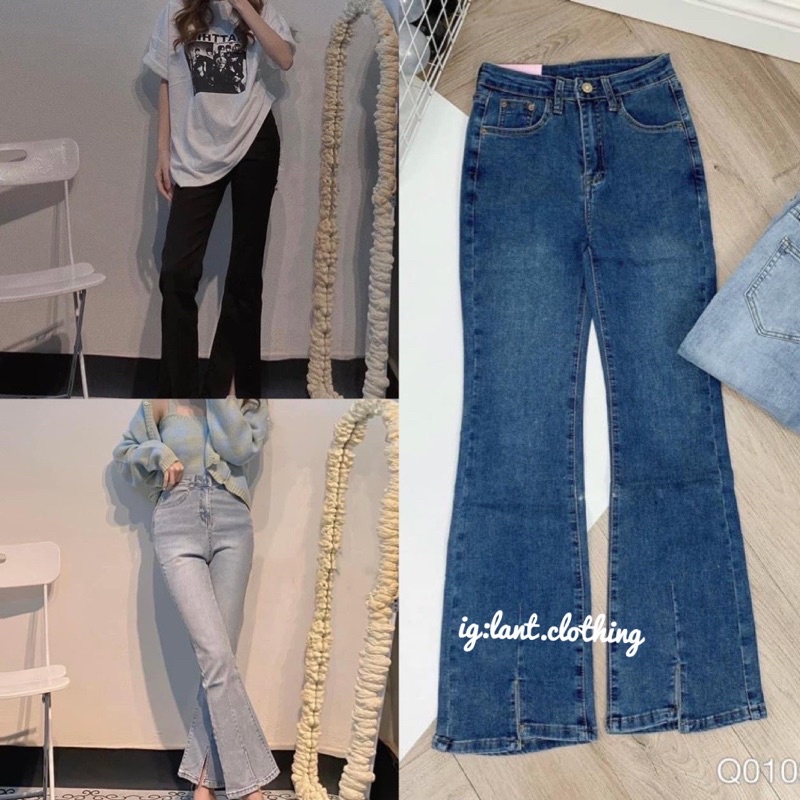 quần jean ống loe xẻ giữa kéo chân