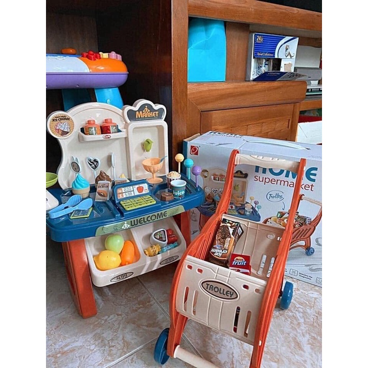 Bộ Bán Hàng Siêu Thị Kèm Xe Đẩy 40 Chi Tiết Cho Bé, Bộ Bán Hàng Xe Đẩy và Quầy Bán Kem Mini