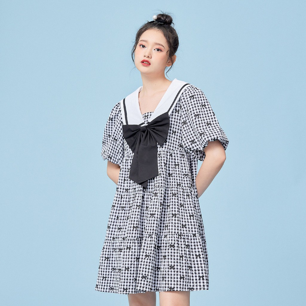 ▦✣IEF / Aiyi quần áo váy nữ 2021 mùa hè mới đại học Nhật Bản phong cách hải quân cổ kẻ sọc nơ