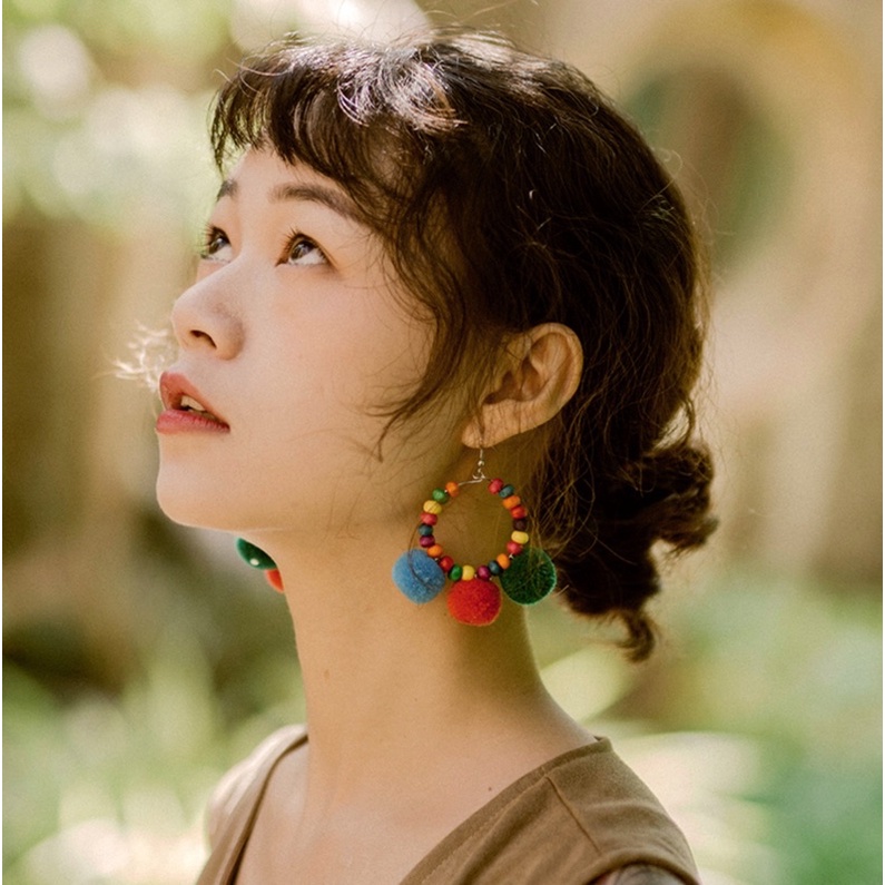 Khuyên tai bông tua rua phong cách bohochic vintage hoạ tiết độc đáo phụ kiện du lịch đi biển bohomian retro Lenvintage