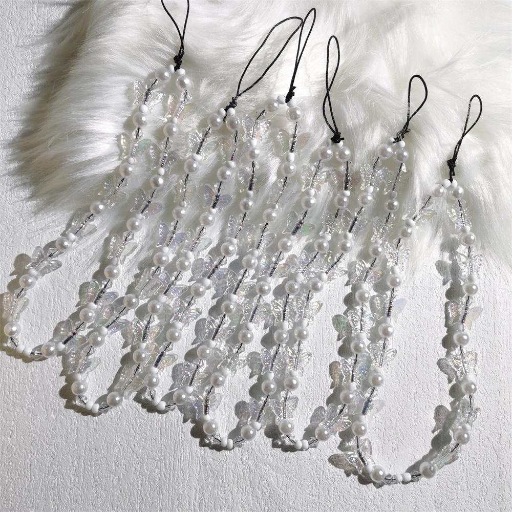 Dây Đeo Điện Thoại Bằng Acrylic Mềm Chống Thất Lạc Đính Hạt Ngọc Trai Hình Bướm Nhiều Màu Dễ Thương