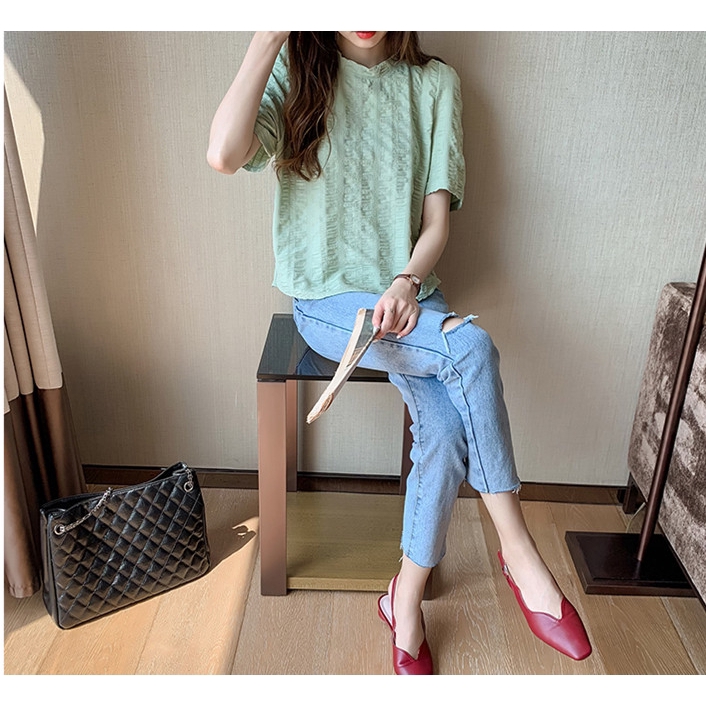 Áo vải voan tay ngắn ôm trơn màu dành cho nữ | BigBuy360 - bigbuy360.vn