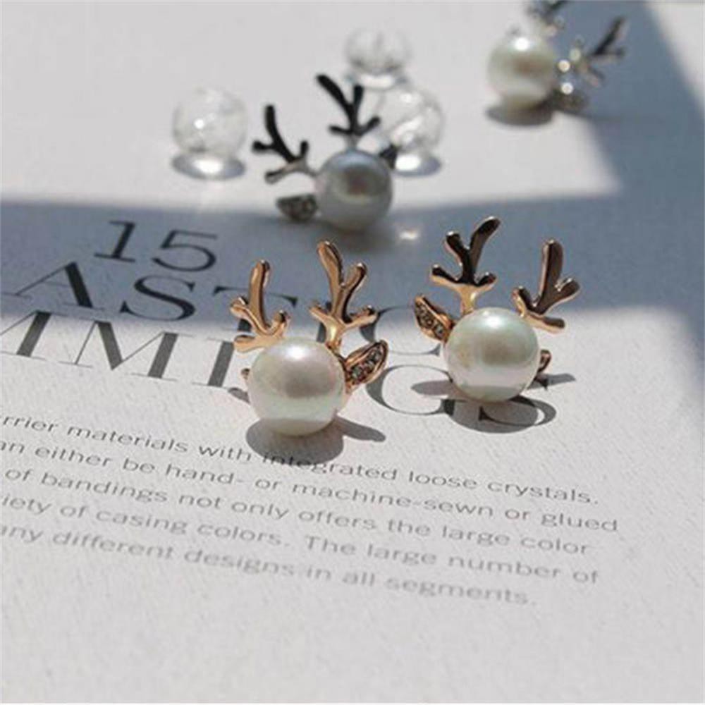 Đôi bông tai hình sừng hươu đính ngọc trai đáng yêu cho nữ