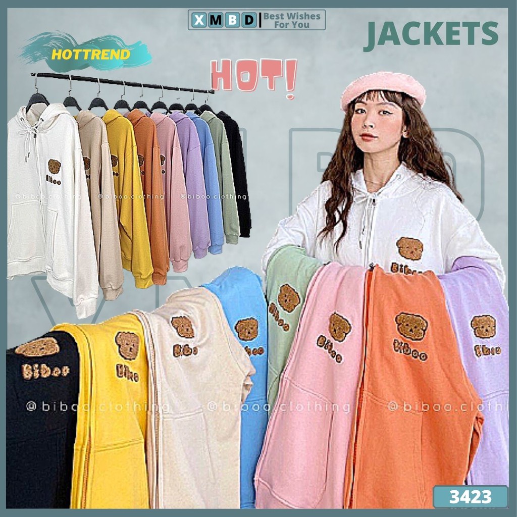 Áo Khoác Nữ Nỉ Bông Dày Dặn Thêu Gấu Form Rộng Chất Siêu Đẹp Áo Khoác Jackets Thun Nỉ Nữ Thêu GẤU BIBOO - AK3423