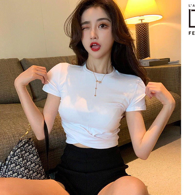 Á𝐨 𝐂𝐫𝐨𝐩𝐭𝐨𝐩 𝐍ữ 𝐓𝐚𝐲 𝐍𝐠ắ𝐧 Xoắn bụng cổ tròn dáng ôm body xoắn bụng cách điệu phong các Hàn Quốc - ZADOLA FASHION