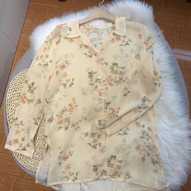 Áo Sơ Mi Chiffon Tay Dài Chống Nắng In Họa Tiết Hoa Phong Cách Hàn Quốc Cổ Điển Thời Trang Mù