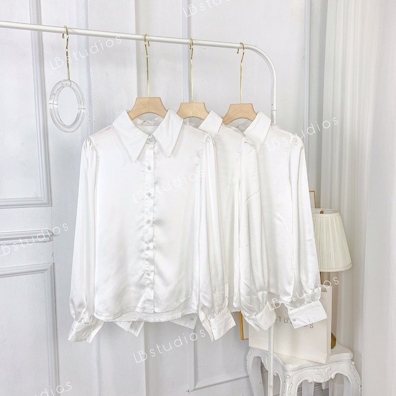 💃 Áo Sơ Mi Nữ Lụa Trắng Áo Dài Tay Công Sở Tay Bồng Cổ Bẻ | BigBuy360 - bigbuy360.vn